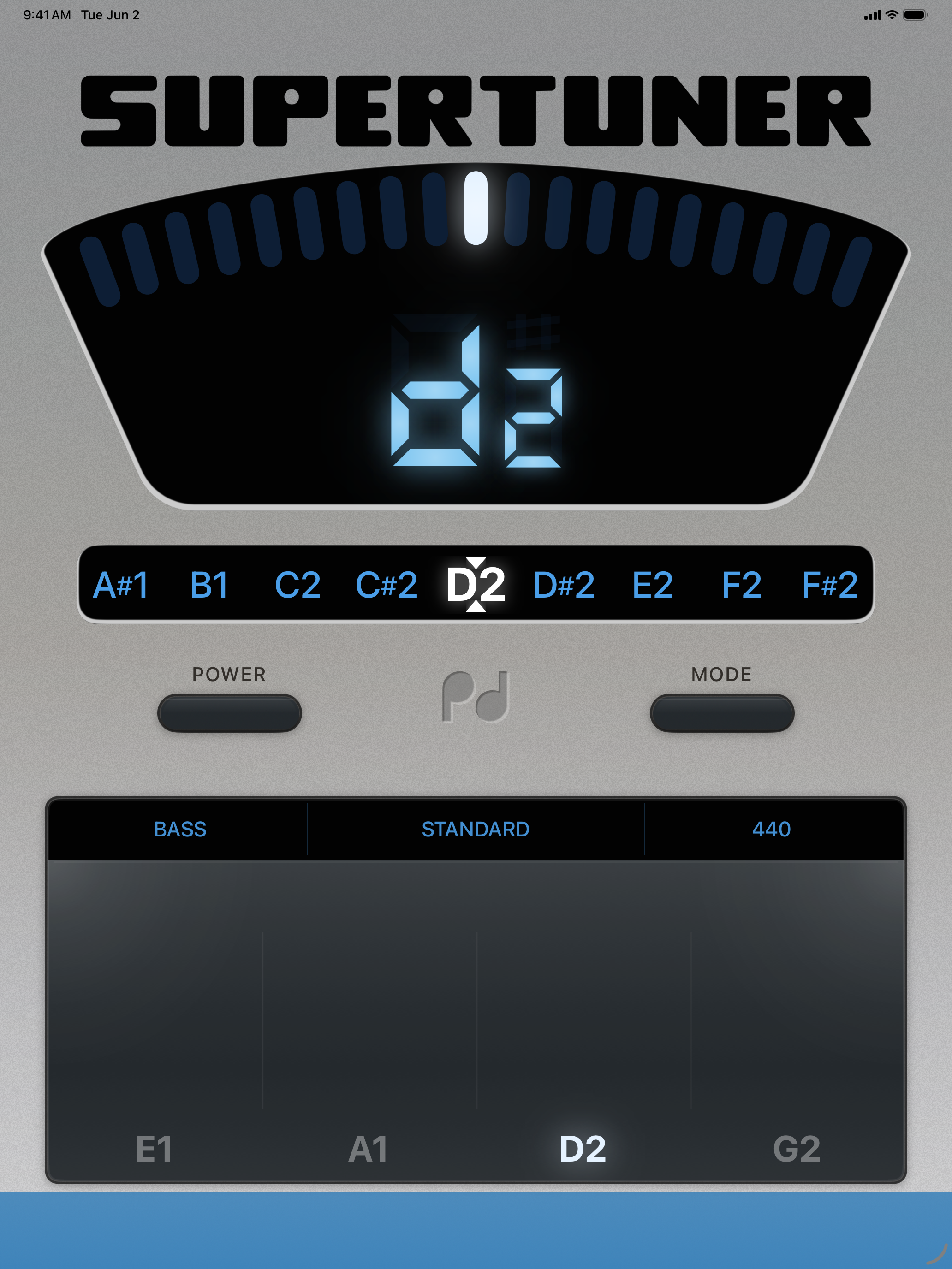 iPad portrait, LED arc + chromatic strip, Bass standard tuning, D2
