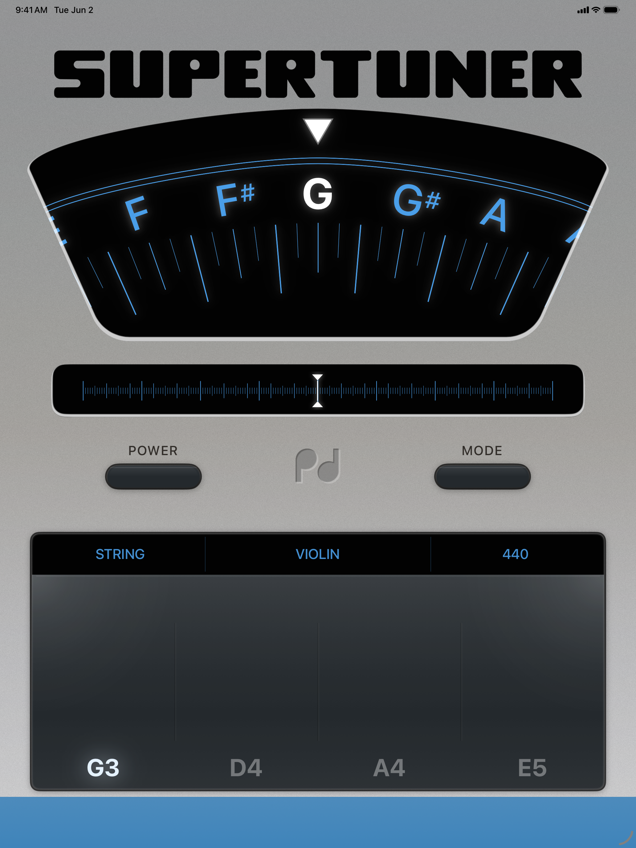 iPad portrait, Chromatic wheel + cents ruler, Violin, G