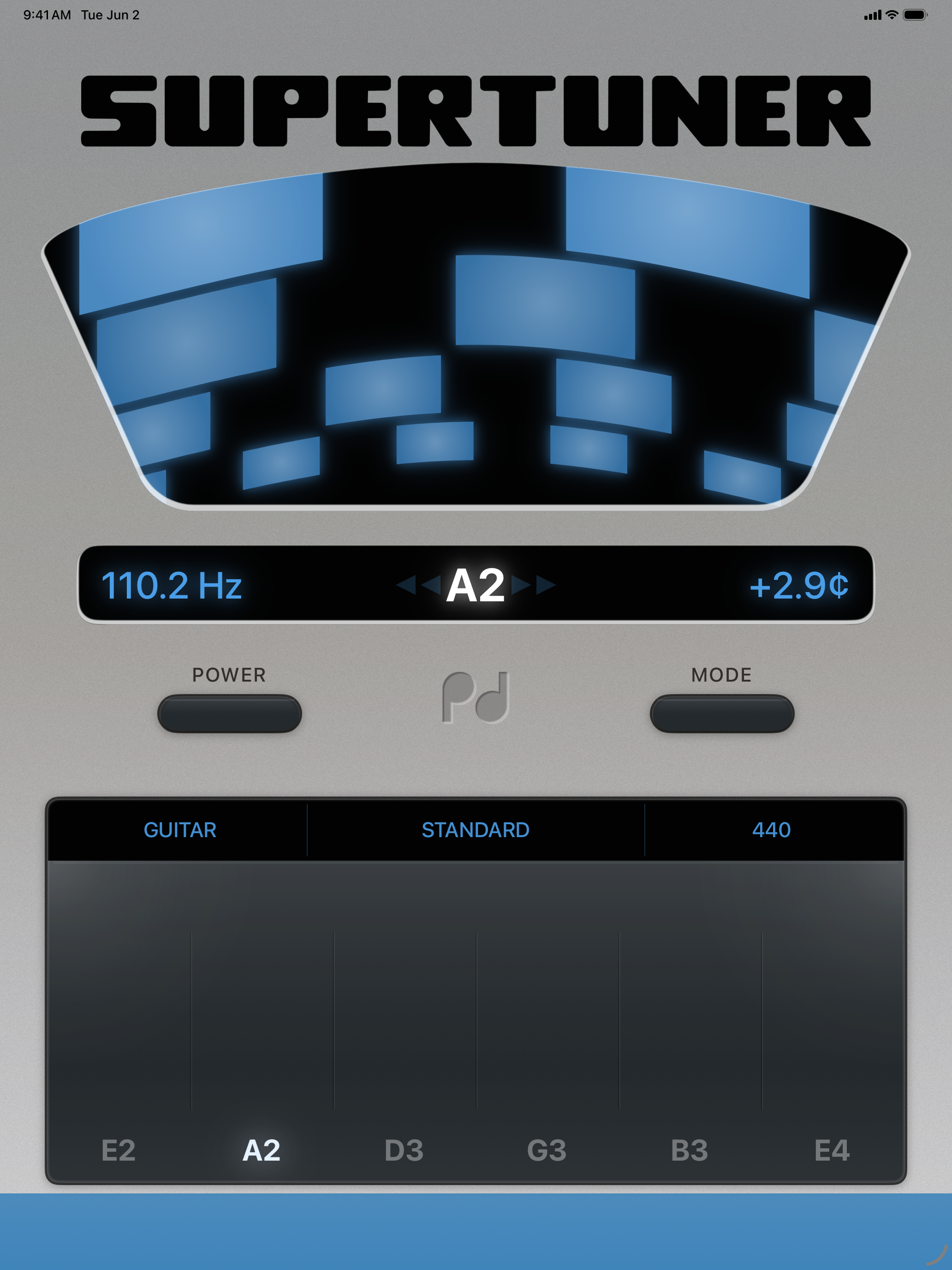 iPad portrait, Stroboscopic + info bar showing 110.2 Hz A2 +2.9¢, Guitar standard