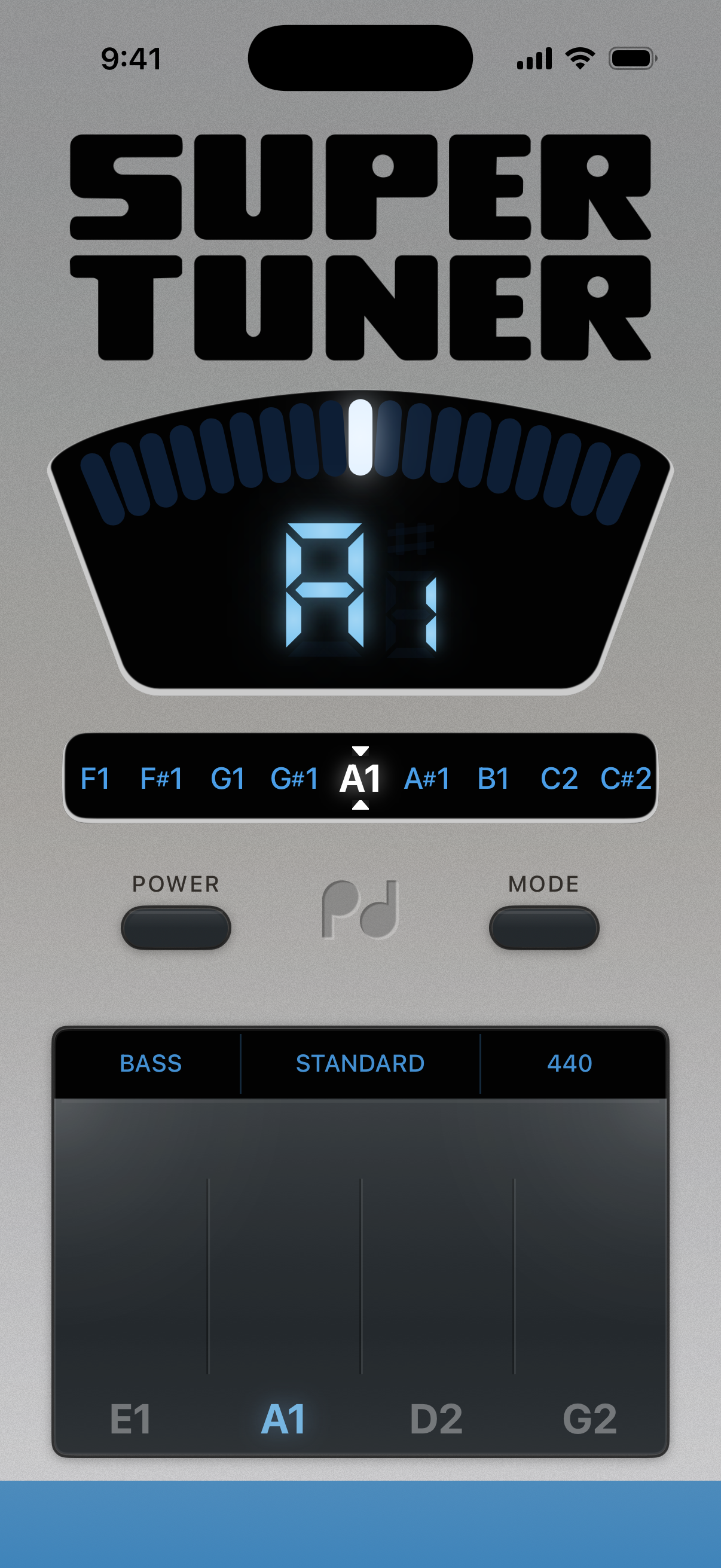SuperTuner on iPhone, LED arc + chromatic strip, Bass standard tuning, A1