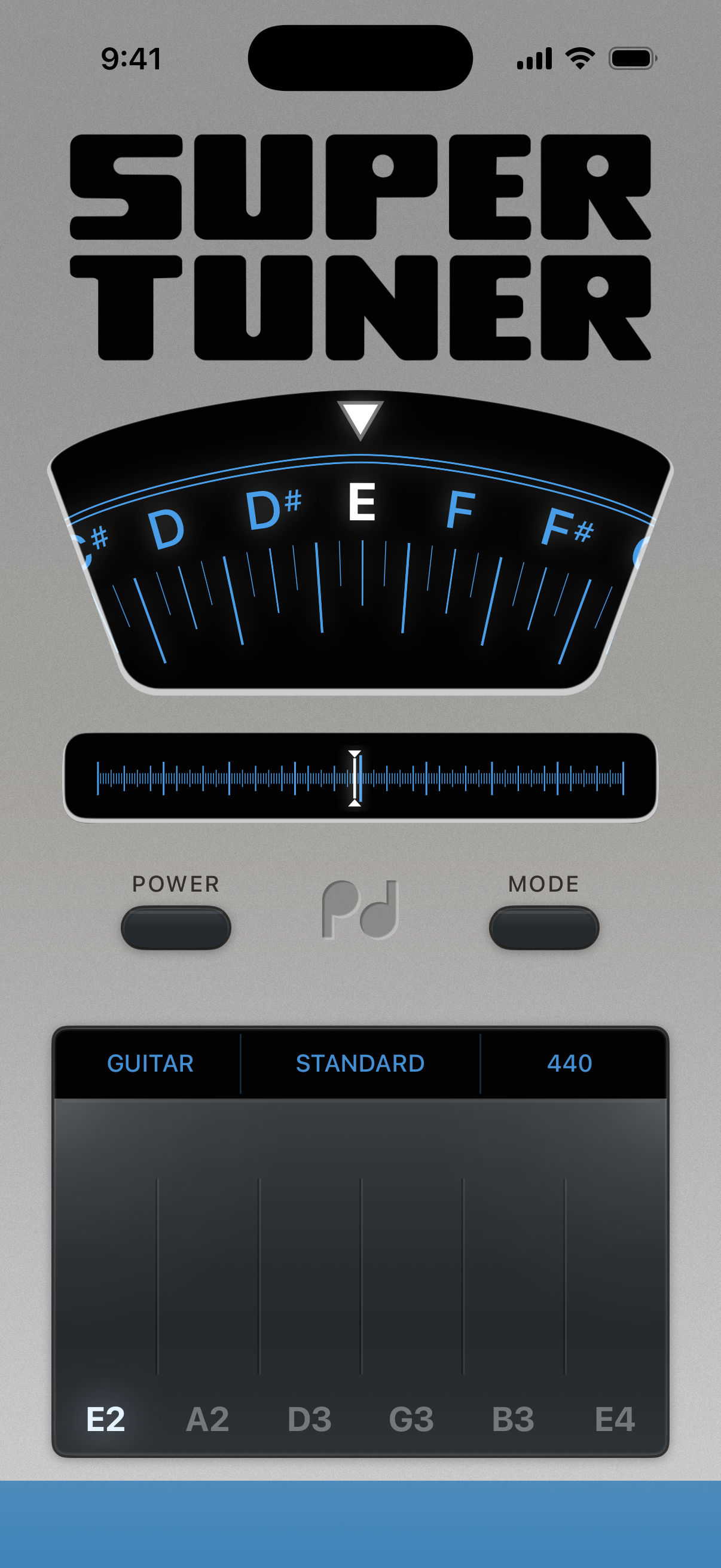 SuperTuner on iPhone, Chromatic wheel + fine-tune cents ruler, Guitar standard, E