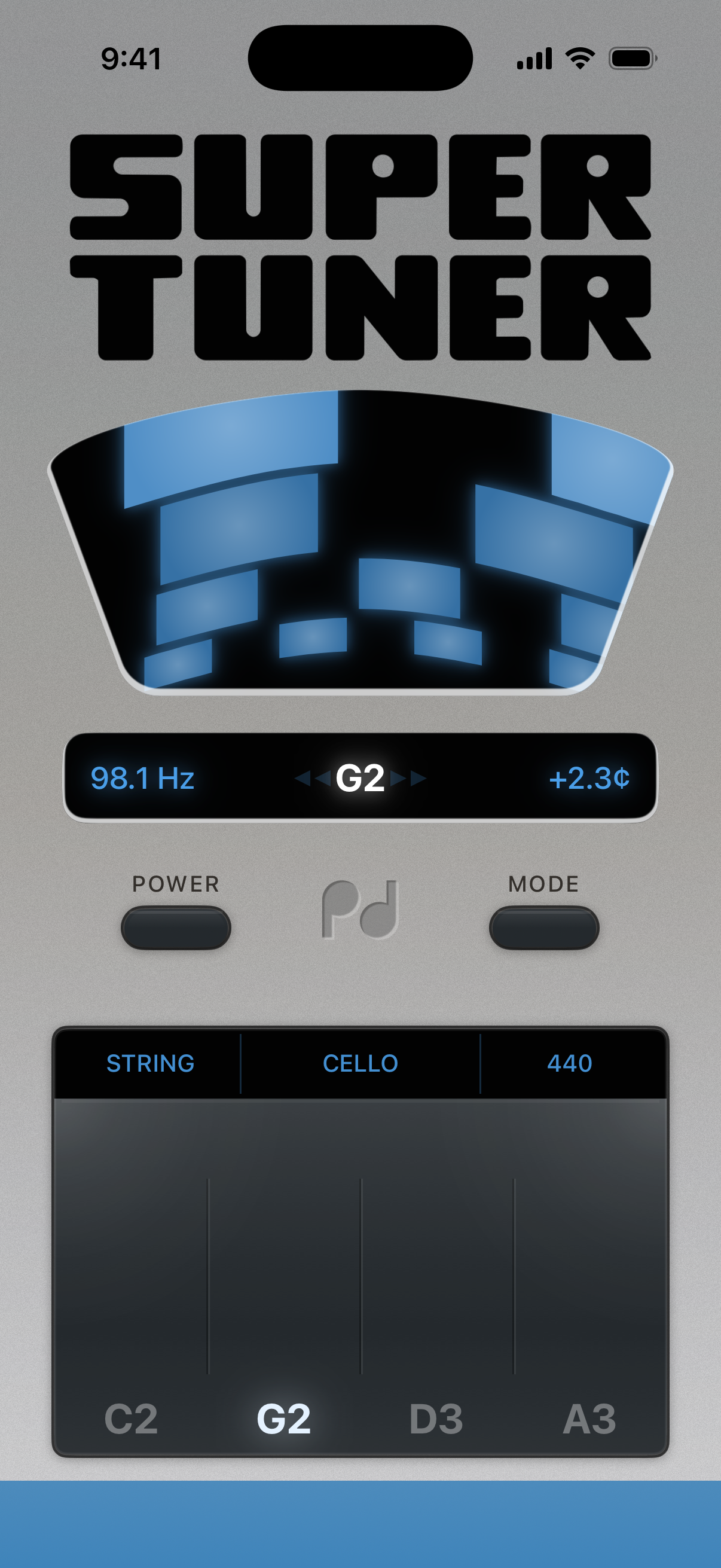 SuperTuner on iPhone, Stroboscopic meter + info bar 98.1 Hz G2, Cello tuning