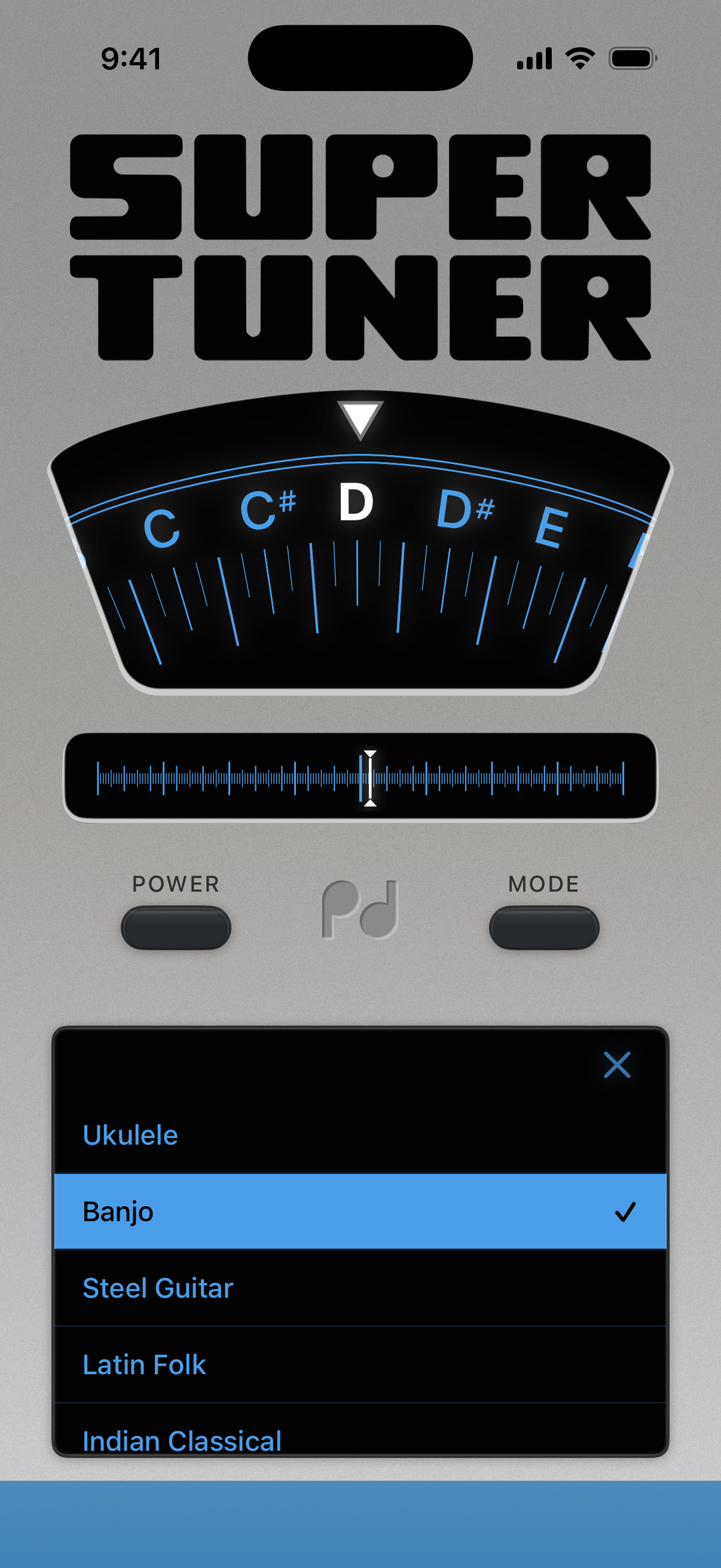 iPhone, Group menu with Banjo family selected, chromatic wheel above