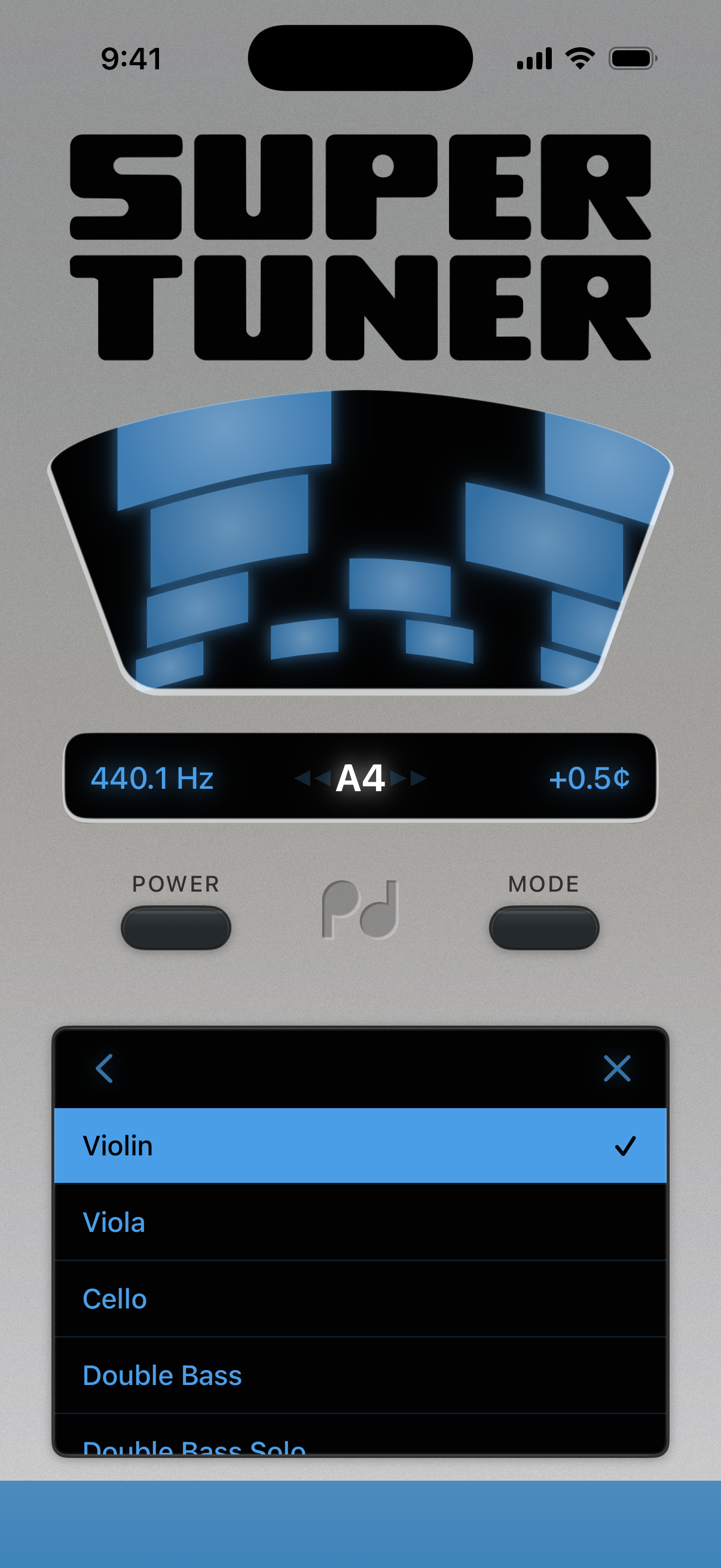 iPhone, Orchestral string submenu with Violin selected, stroboscopic meter above